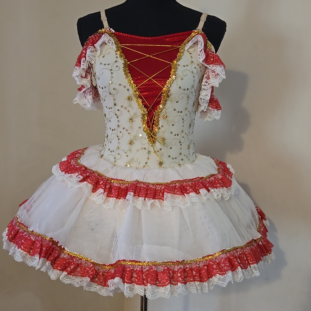 Revolution Ivory and Red Ballet Dance Costume with Gold Sequin  Trim